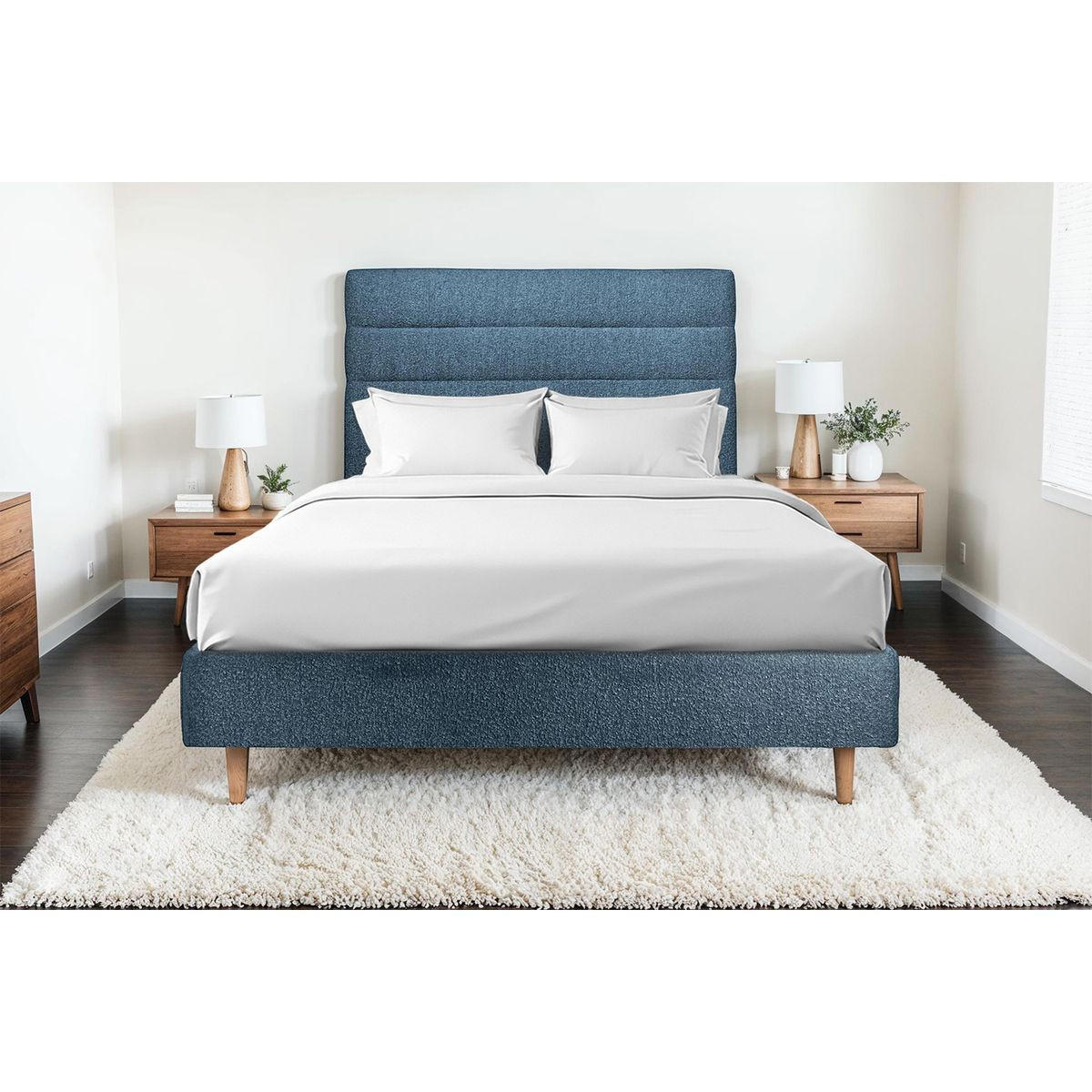 KOPFTEIL Modell Linien – Blauer Bouclé-Stoff 150 cm - Blau/Beige, Karton/Holz (150/120/10cm) - Sommeil de Plomb