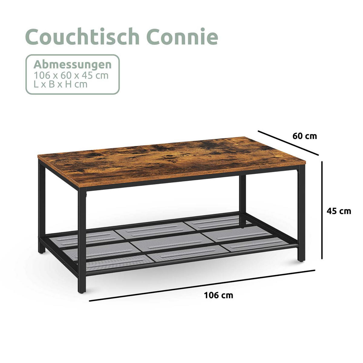 COUCHTISCH Connie - Holzfarben / Metall - 106 x 60 x 45cm - Naturfarben, Holzwerkstoff (106/60/45cm) - holz4home