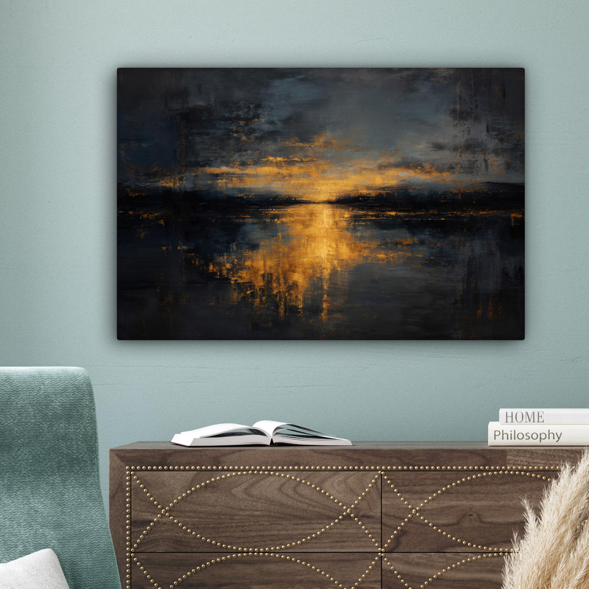 LEINWANDBILD Goldene Reflexion auf dem Wasser Wanddeko 90x60 cm - Anthrazit, Textil (90/60cm) - MuchoWow