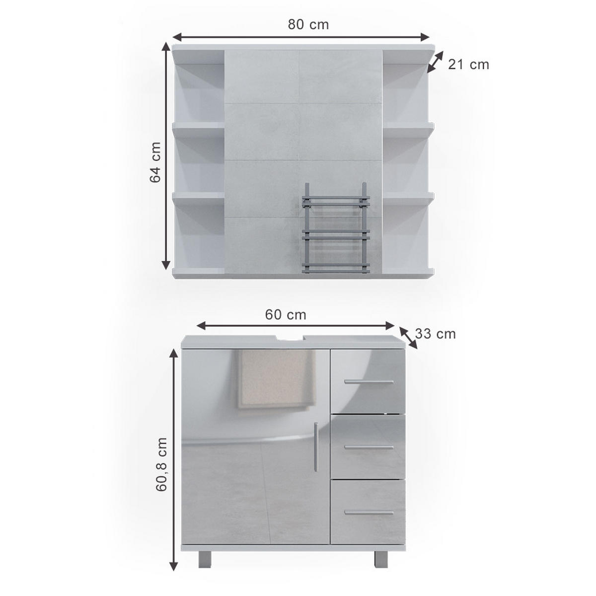 BADMÖBEL-SET Ilias Weiß Hochglanz 2 Teile - Weiß Hochglanz/Weiß, Holzwerkstoff (60/60.8/33cm) - Vicco