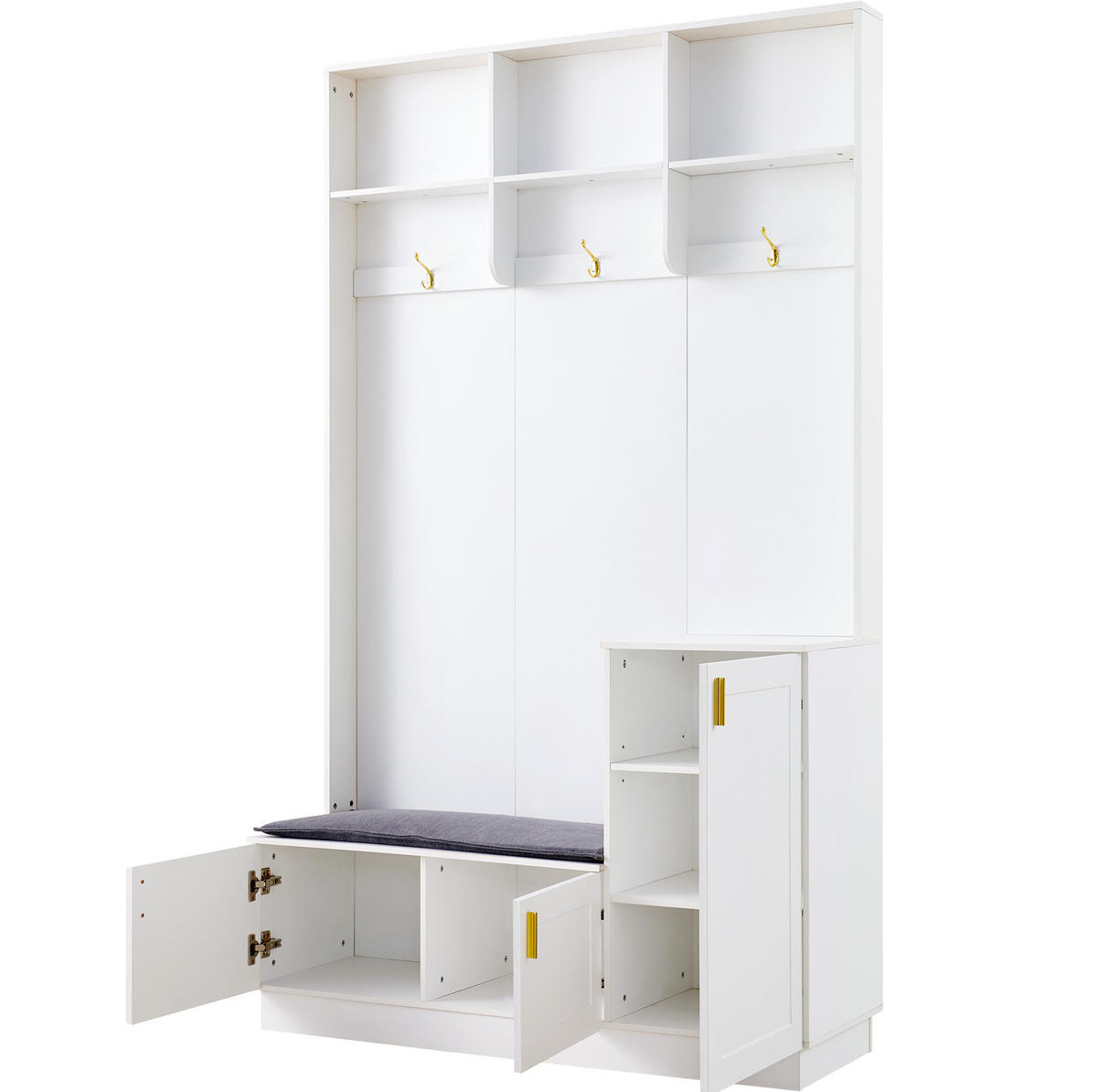 STANDGARDEROBE mit Sitzbank, 3 Haken und Schuhablage in Weiß, 120/40/200 cm - Weiß, Holzwerkstoff (120/200/40cm) - BEAOK