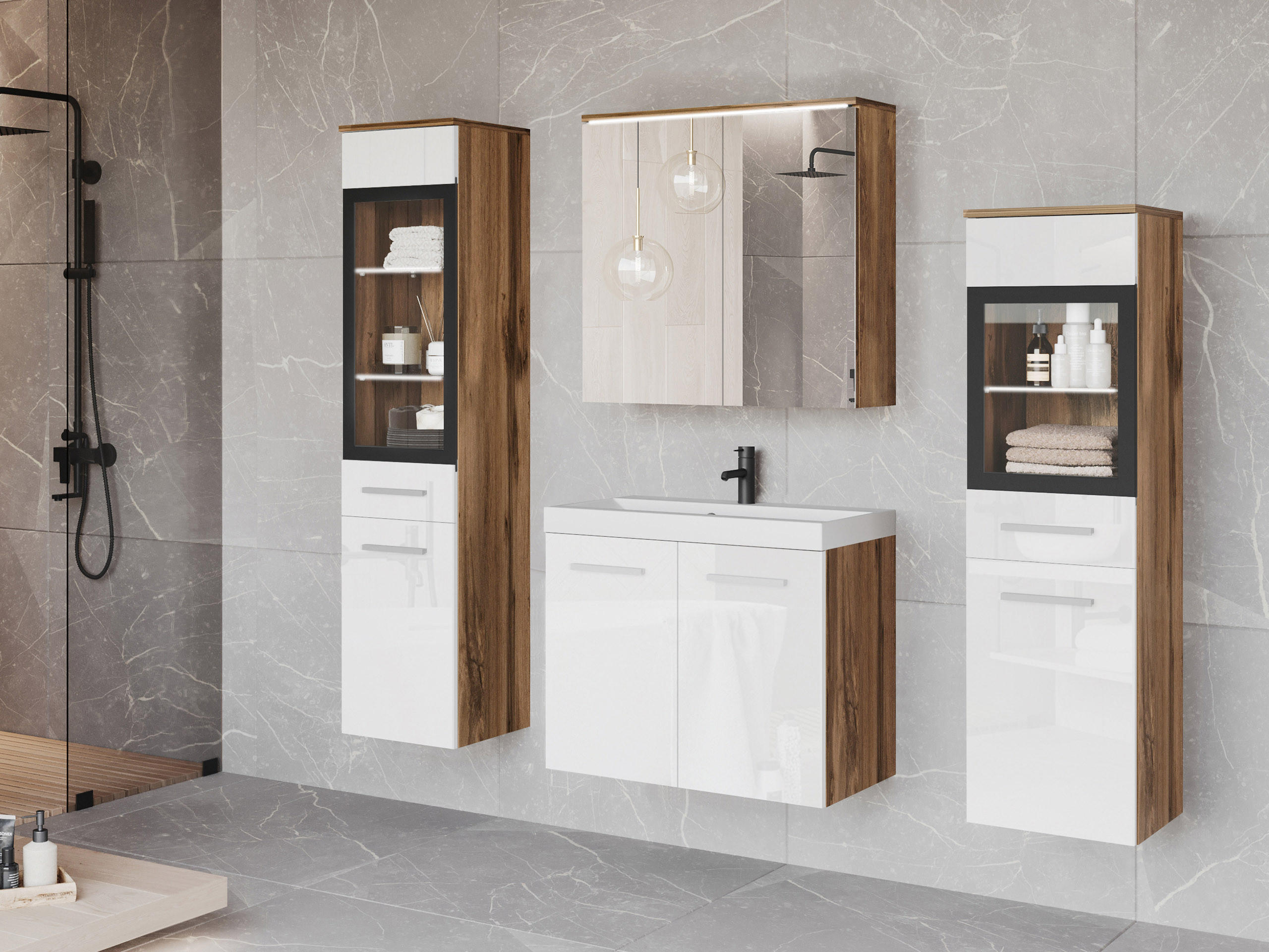 BADMÖBEL-SET Madrit II mit weißer LED Beleuchtung - Silberfarben/Braun, Holzwerkstoff/Kunststoff (132/132/30cm) - MIRJAN24