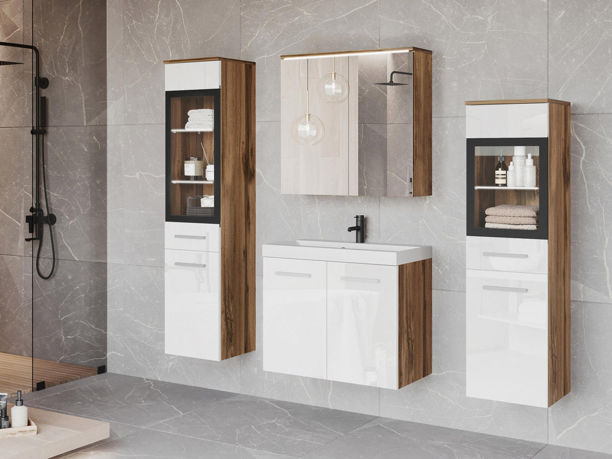 BADMÖBEL-SET Madrit II mit weißer LED Beleuchtung - Silberfarben/Braun, Holzwerkstoff/Kunststoff (132/132/30cm) - MIRJAN24