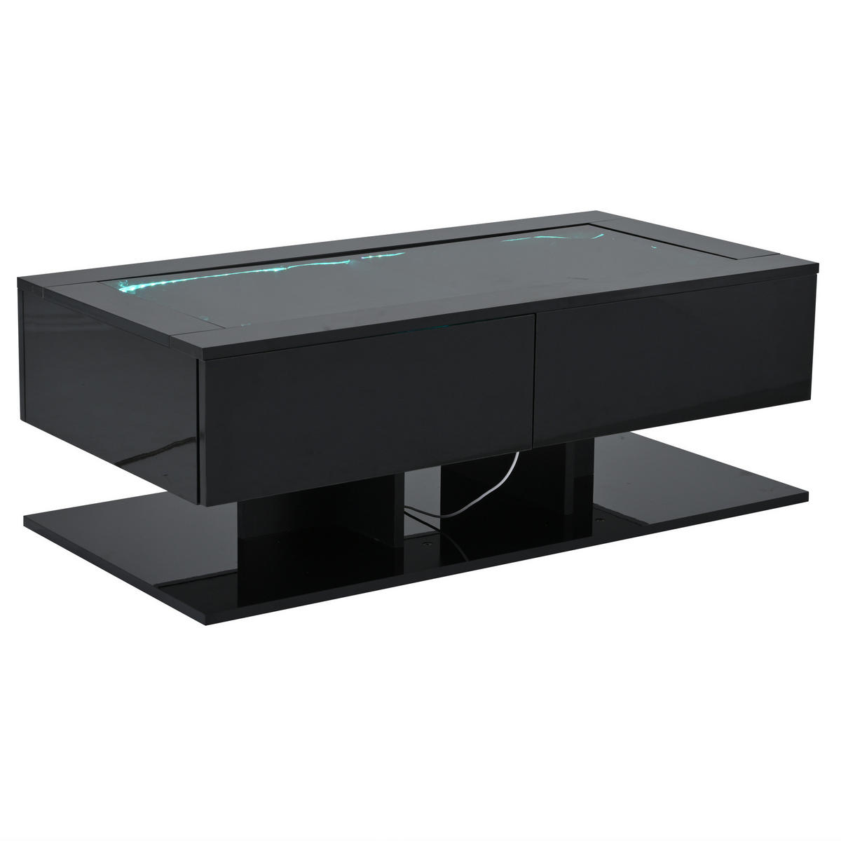 COUCHTISCH aus Spanplatte und gehärtetem Glas 100x50x35 cm Schwarz mit LED-Beleuchtung und 2 Schubladen - Schwarz, Holzwerkstoff (100/50/35cm) - IVMEU