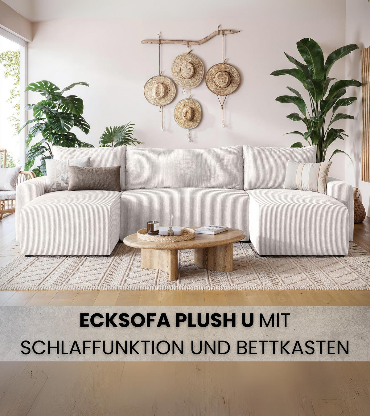 WOHNLANDSCHAFT Plush mit Schlaffunktion Weiß Cord - Creme, Kunststoff/Textil (315/72/145cm) - Bromarkt