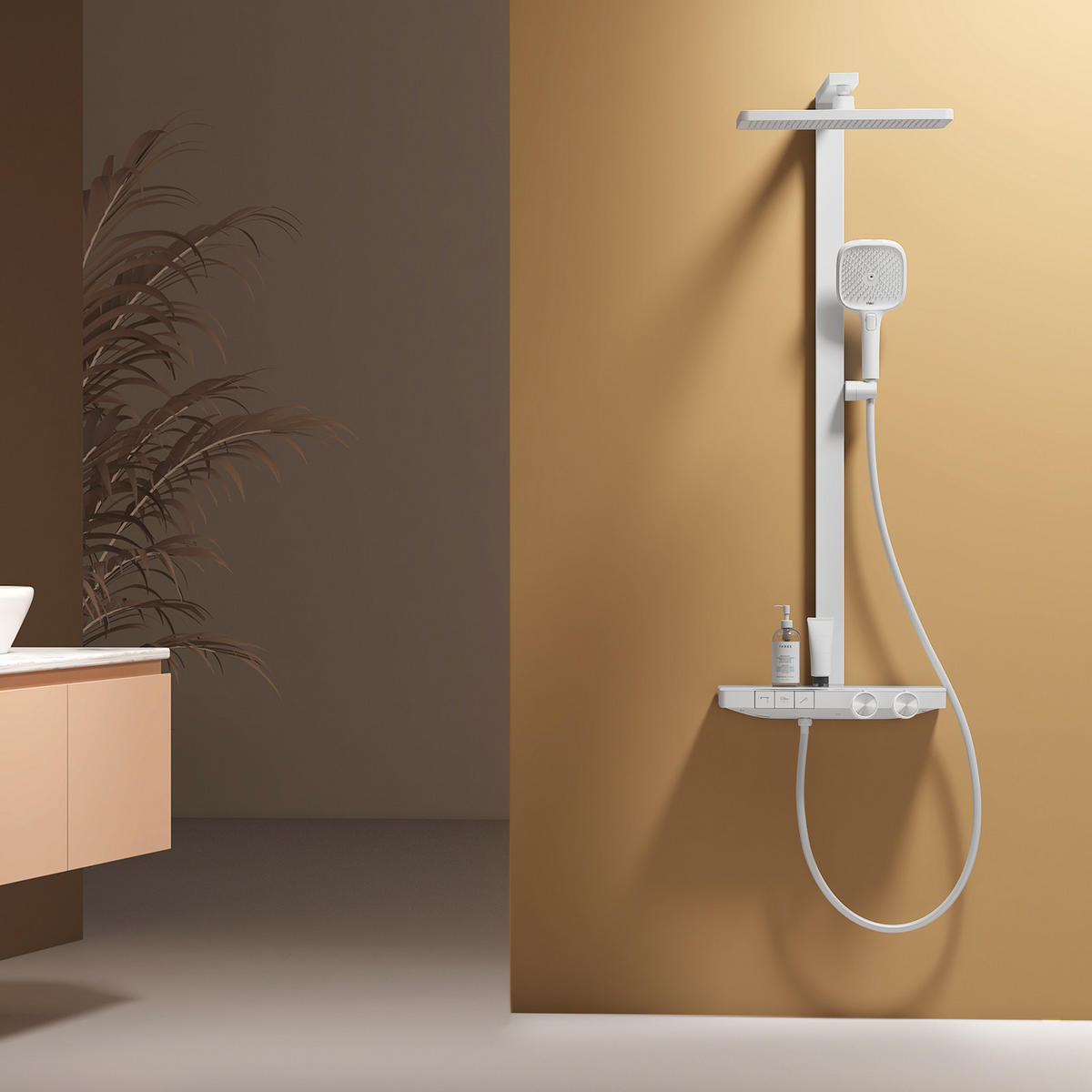 ÜBERKOPFBRAUSESET mit Thermostat Einstellbarer Durchfluss 4-Strahl Mattweiß - Weiß, Metall (40.2/105/57.3cm) - EMKE