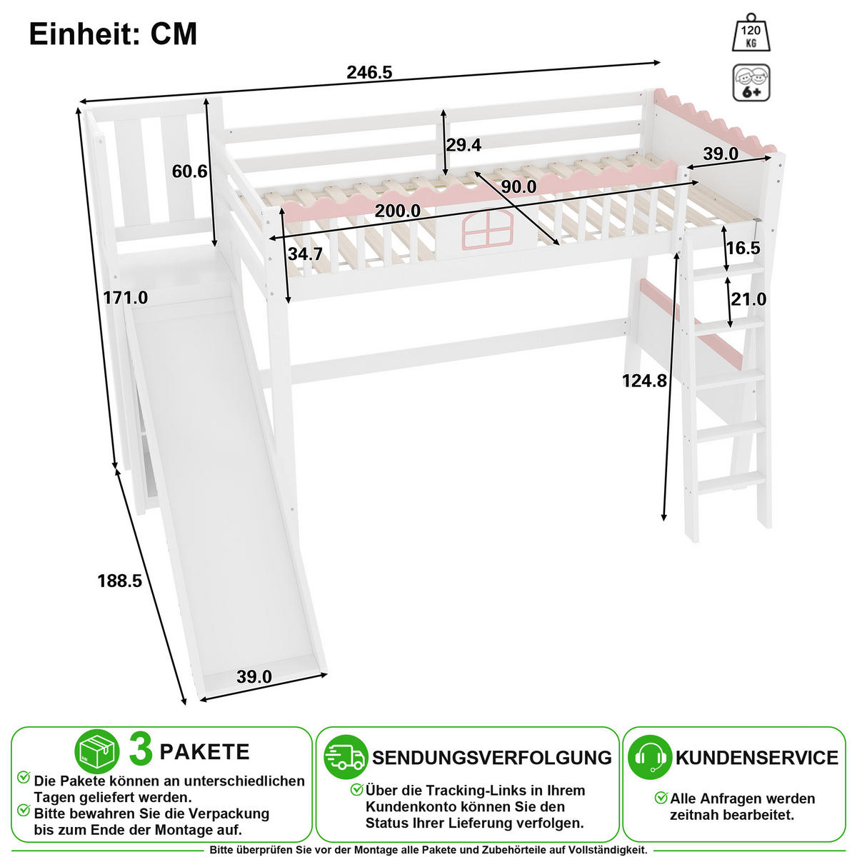 VYSOKÁ POSTEL 90/200 cm v bílé barvě se skluzavkou, LED a 3 policemi - bílá, dřevo/kompozitní dřevo (90/200cm) - CHICFURN