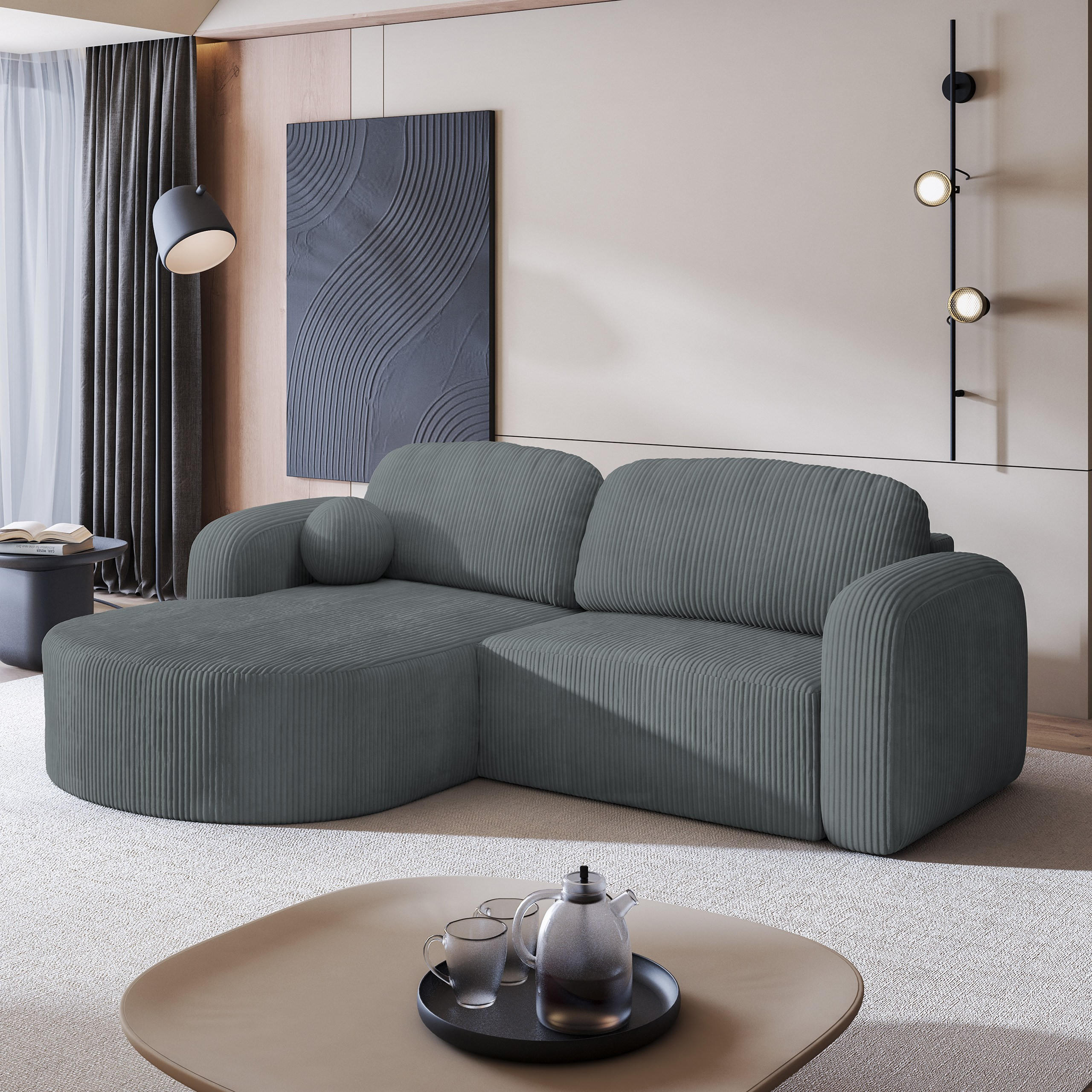 ECKSOFA AMILIA P L-S Grau Kordstoff mit Schlaffunktion - Grau, Holz (263/174cm) - MASSENO