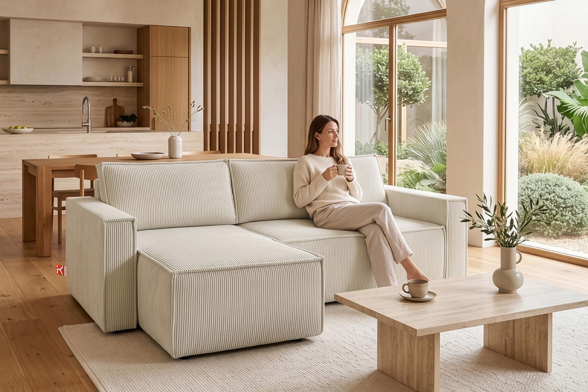 ECKSOFA-LINKS/RECHTS NAPI Schlaffunktion mit Cordbezug, creme - Creme/Schwarz, Textil (246/148cm) - KONSIMO®