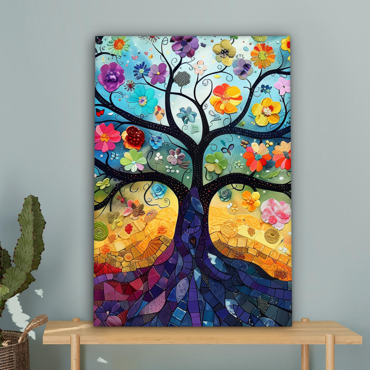 LEINWANDBILD Kunst - Baum des Lebens - Blumen - Hippie Wanddeko 40x60 cm - Dunkelblau, Textil (40/60cm) - MuchoWow