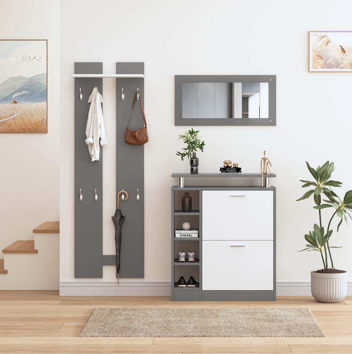 GARDEROBE 80/25/96,5 cm Grau aus Spanplatte mit Spiegel 5er Set - Weiß, Holzwerkstoff (80/96/25cm) - OKMYHOME