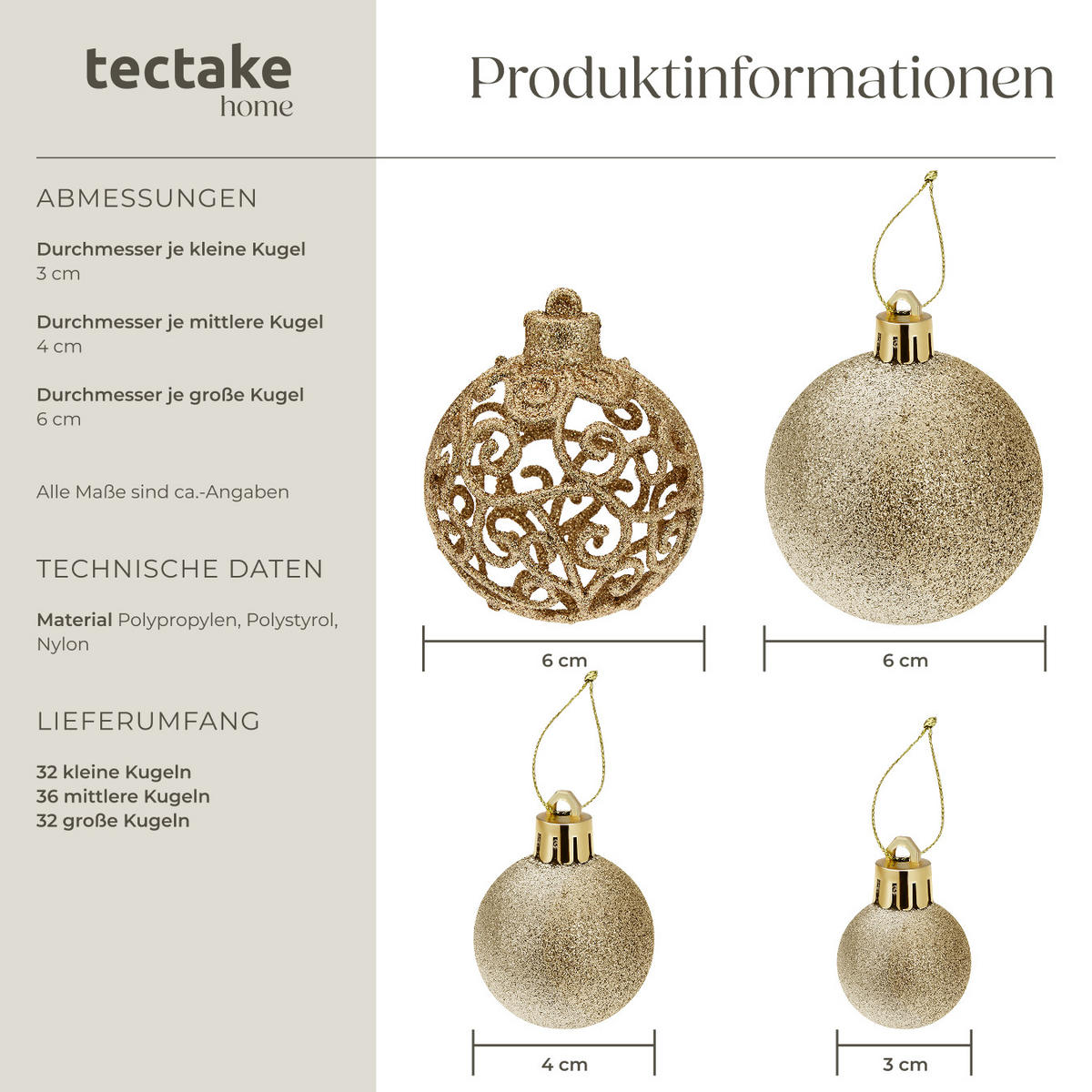 WEIHNACHTSKUGELN ,Durchmesser 3, 4 und 6 cm,gold - Goldfarben, Textil (6/6/6cm) - tectake