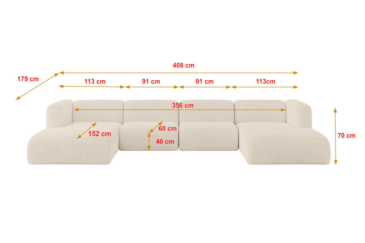 WOHNLANDSCHAFT MIRA-U2 408x179x70 Beige Cord - Sandfarben/Beige, Holzwerkstoff/Kunststoff (408/70/179cm) - ALTDECOR