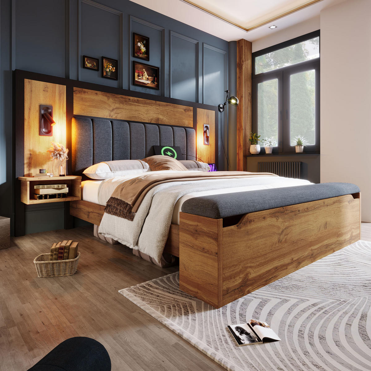 POLSTERBETT 180/200 cm Eiche mit Leselampe und USB-C-Nachttisch - Eichefarben, Metall (180/200cm) - OKWISH