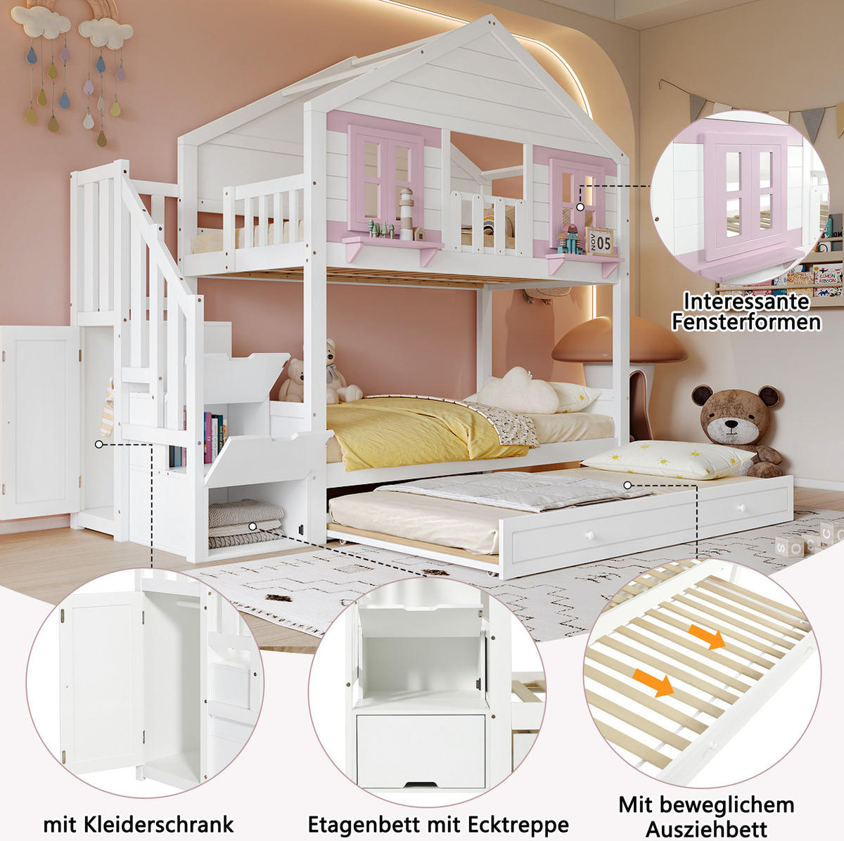 ETAGENBETT 90/200 cm mit Rollbett, Treppenregal, Kleiderbereich, Dach und Fenstern, Weiß/Rosa - Weiß, Holz (90/200cm) - Redom