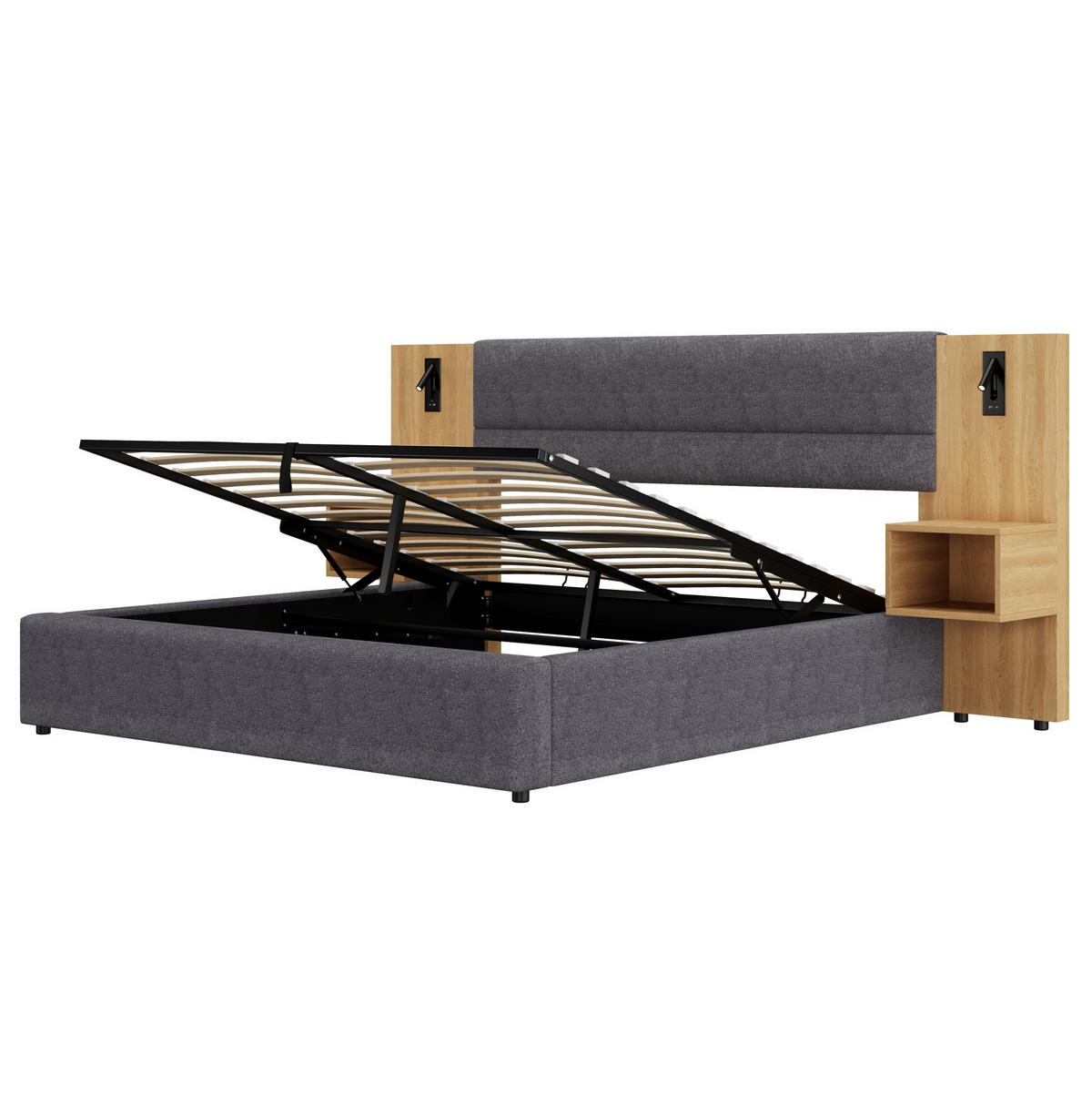 POLSTERBETT 160/200 cm aus Samt mit USB-Anschluss Beleuchtung und 2 Nachttischen Grau und Natur - Naturfarben, Textil (160/200cm) - Modenvie
