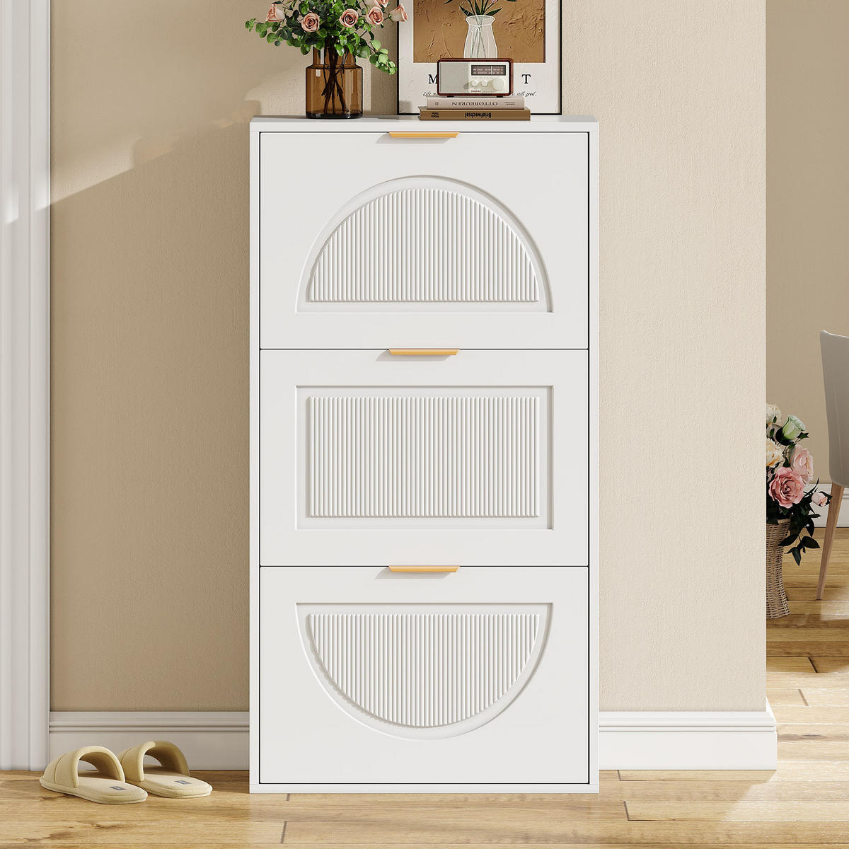 SCHUHSCHRANK Schmal 3 Klappen Weiß 60x24x114cm - Weiß, Holzwerkstoff (24/114/60cm) - FLIEKS