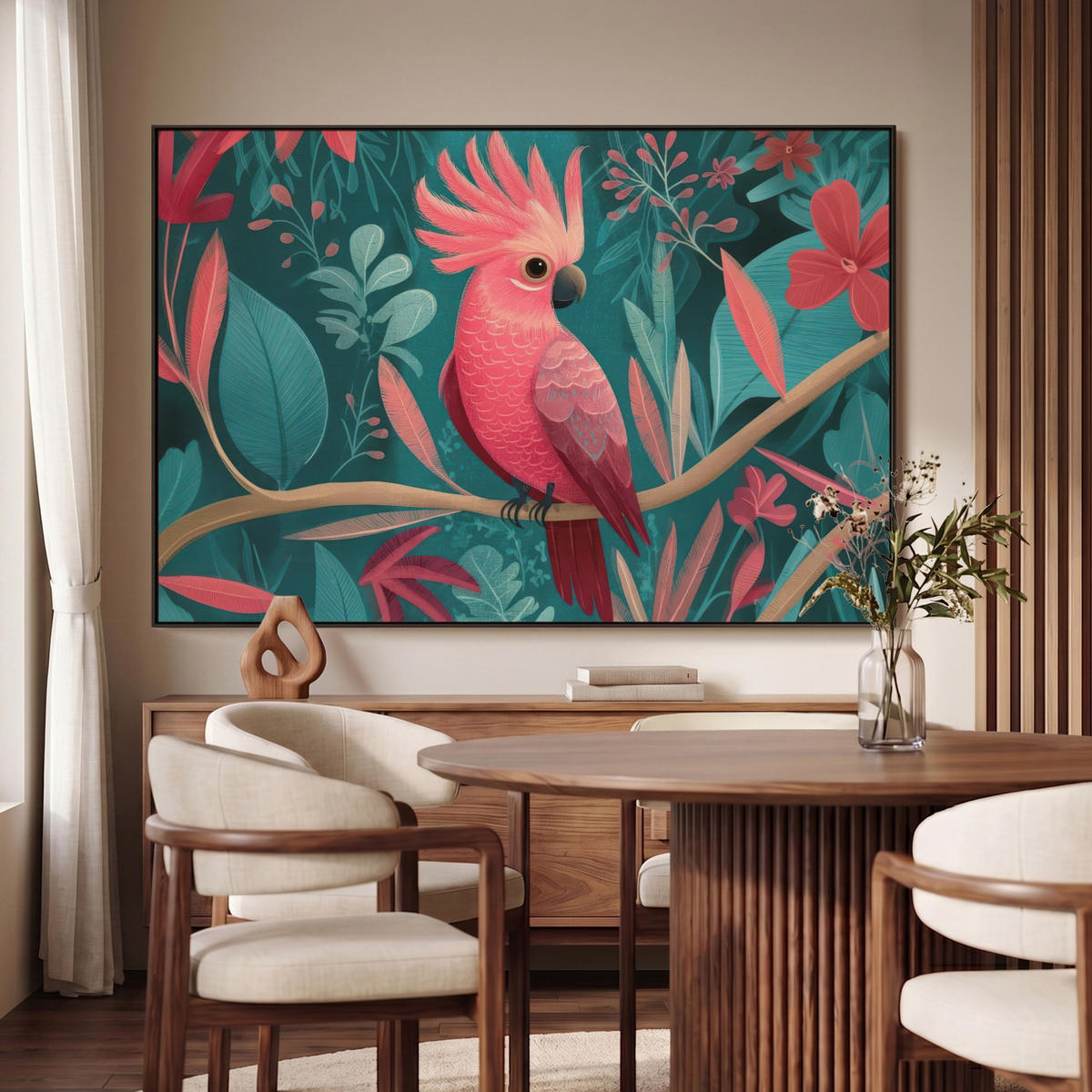 LEINWAND Bilder mit Rahmen - Kakadu - Tropische Blätter - Zweig - 120x80 - Petrol, Textil (120/80cm) - MuchoWow