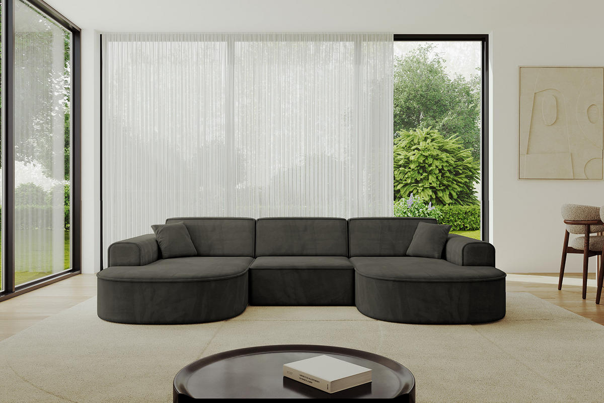 WOHNLANDSCHAFT MARI-U1 - 303x171x79 cm Schwarz Velours - Schwarz, Holzwerkstoff/Kunststoff (303/79/171cm) - ALTDECOR