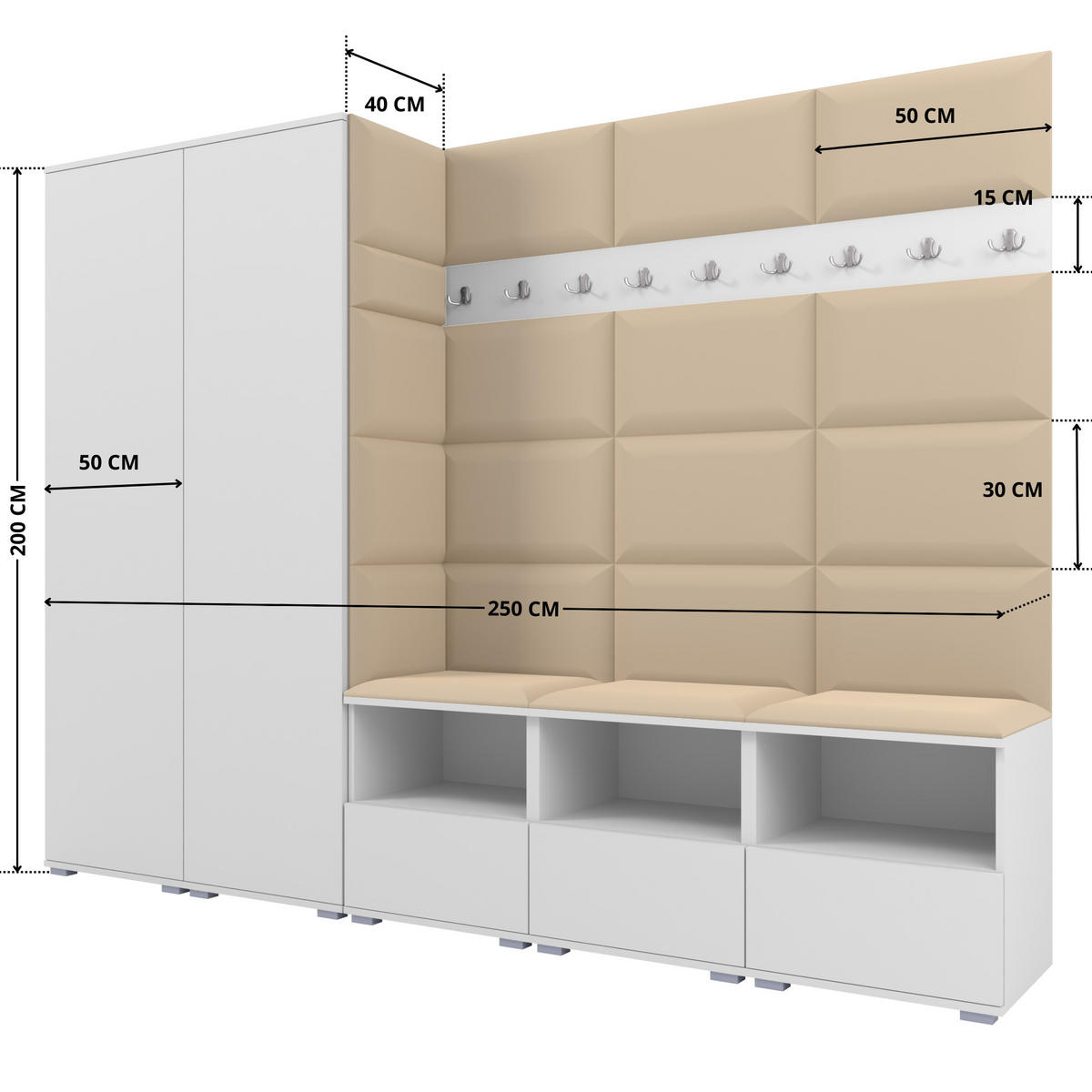 GARDEROBE NELA VII 250 cm (Modulare Flurmöbel XL Weiß mit Sitzpolster Beige 04 2 Schränke) - Beige/Silberfarben, Holz/Holzwerkstoff (250/187/40cm) - Ravio