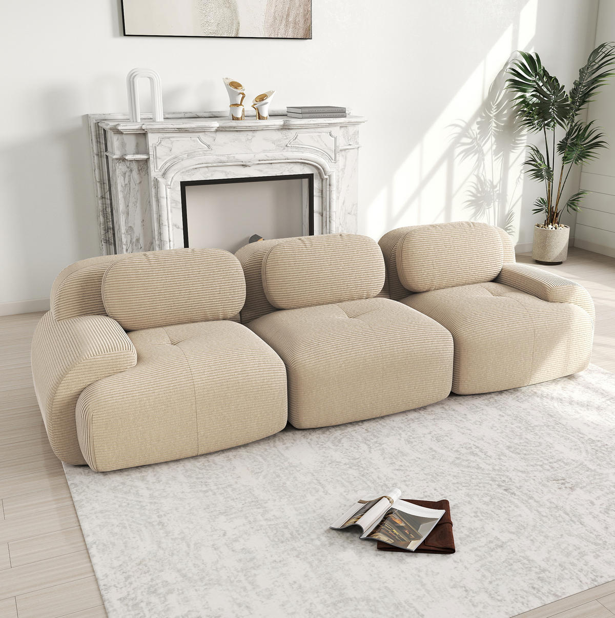 ECKSOFA 298/103/75 cm beige aus Cord rahmenlos und modular ohne Montage - Beige, Textil (103/75/298cm) - OKWISH
