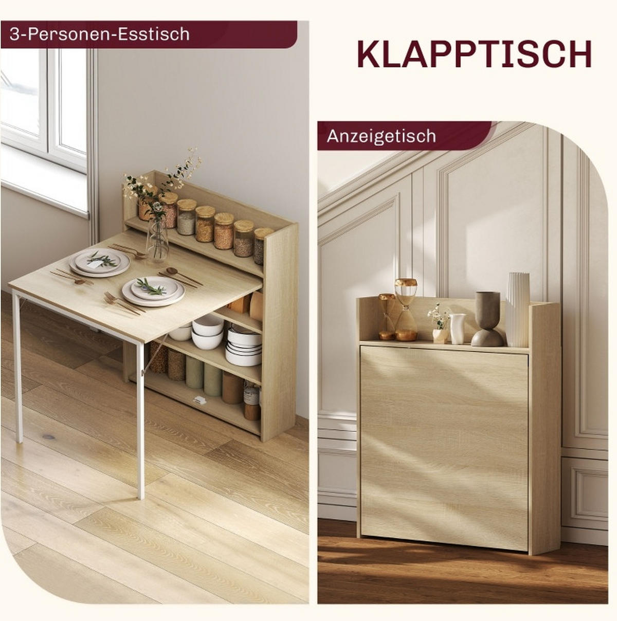 ESSTISCH 78,5/91/93 cm klappbar mit 3 Regalfächern und Stauraum im Industriedesign, Eiche - Eichefarben, Holz (91/78.5/93cm) - Redom