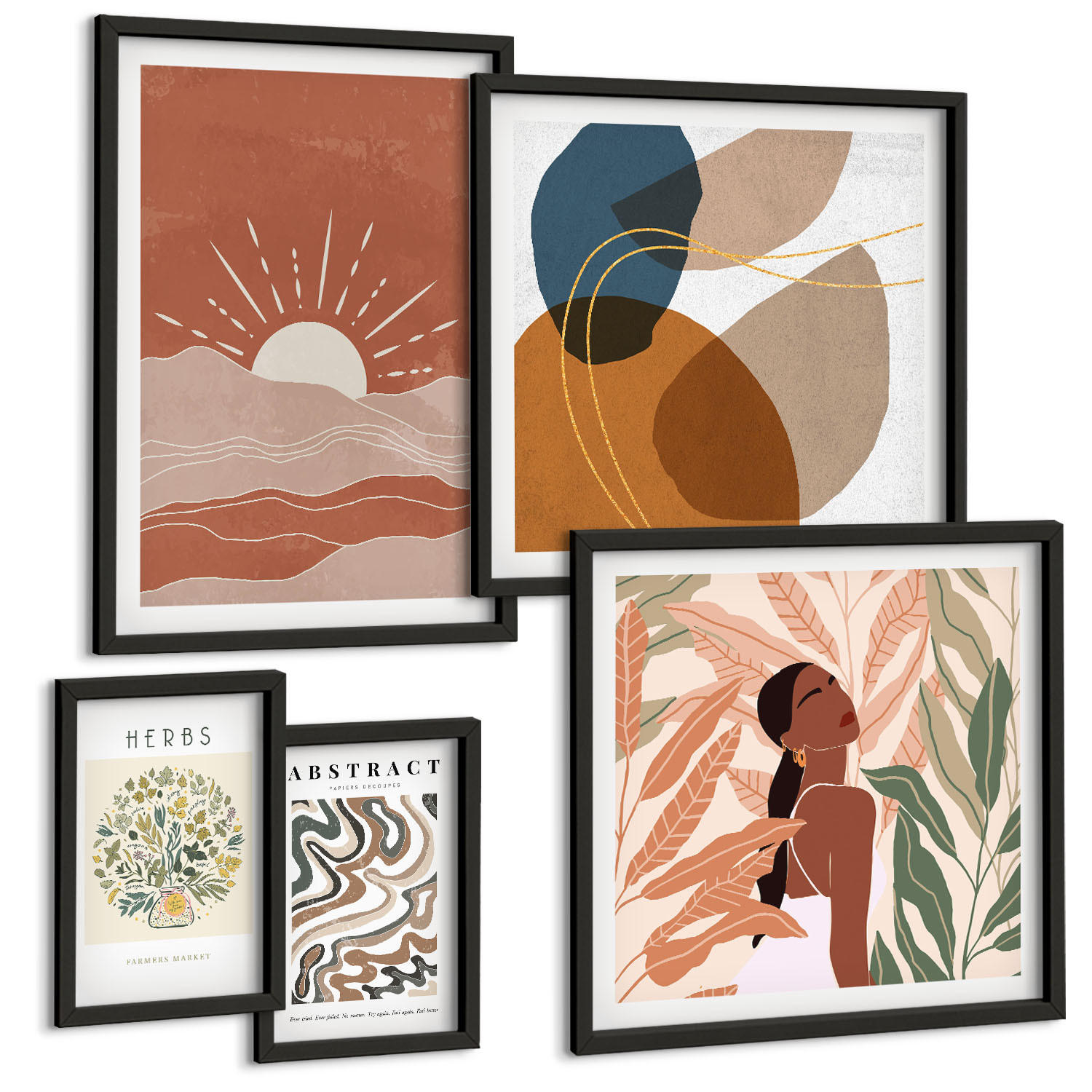 BILDER SET 5er Set - 50x50 cm & 20x30 cm & 40x60 cm Schwarzer Rahmen - Boho-Ästhetik, Pastellposter - Schwarz, Kunststoff (40/60cm) - TULUP