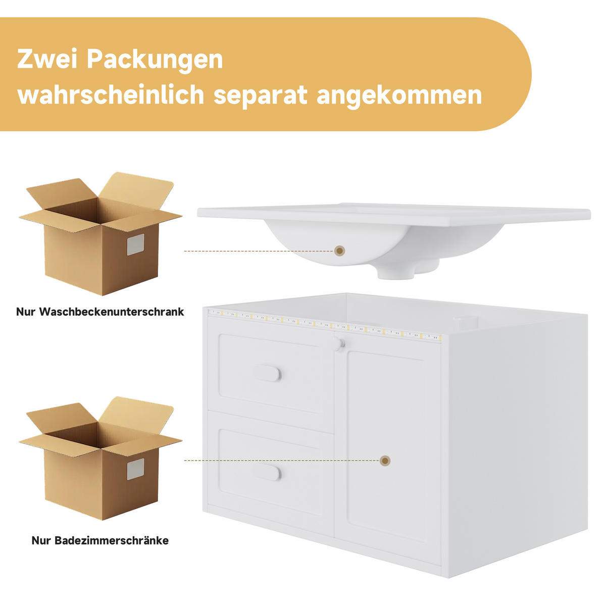 WASCHTISCHKOMBI 76/46/51 cm Weiß mit LED und 2 Schubladen, ohne Wasserhahn - Weiß, Holz/Holzwerkstoff (46/51/76cm) - Oxeza