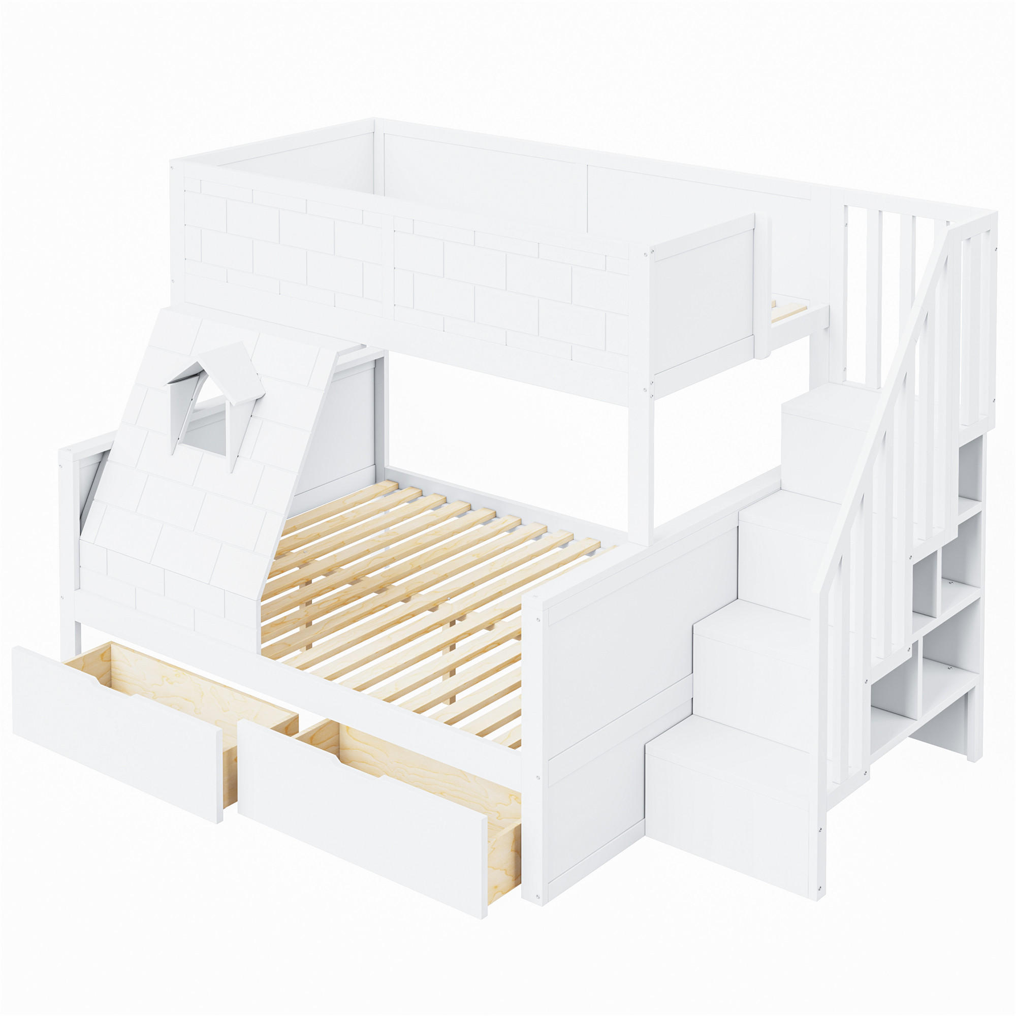 ETAGENBETT aus Kiefernholz 90x200/140x200 cm in Weiß mit Treppe & 2 Schubladen - Weiß, Holz (90/200cm) - Modfu