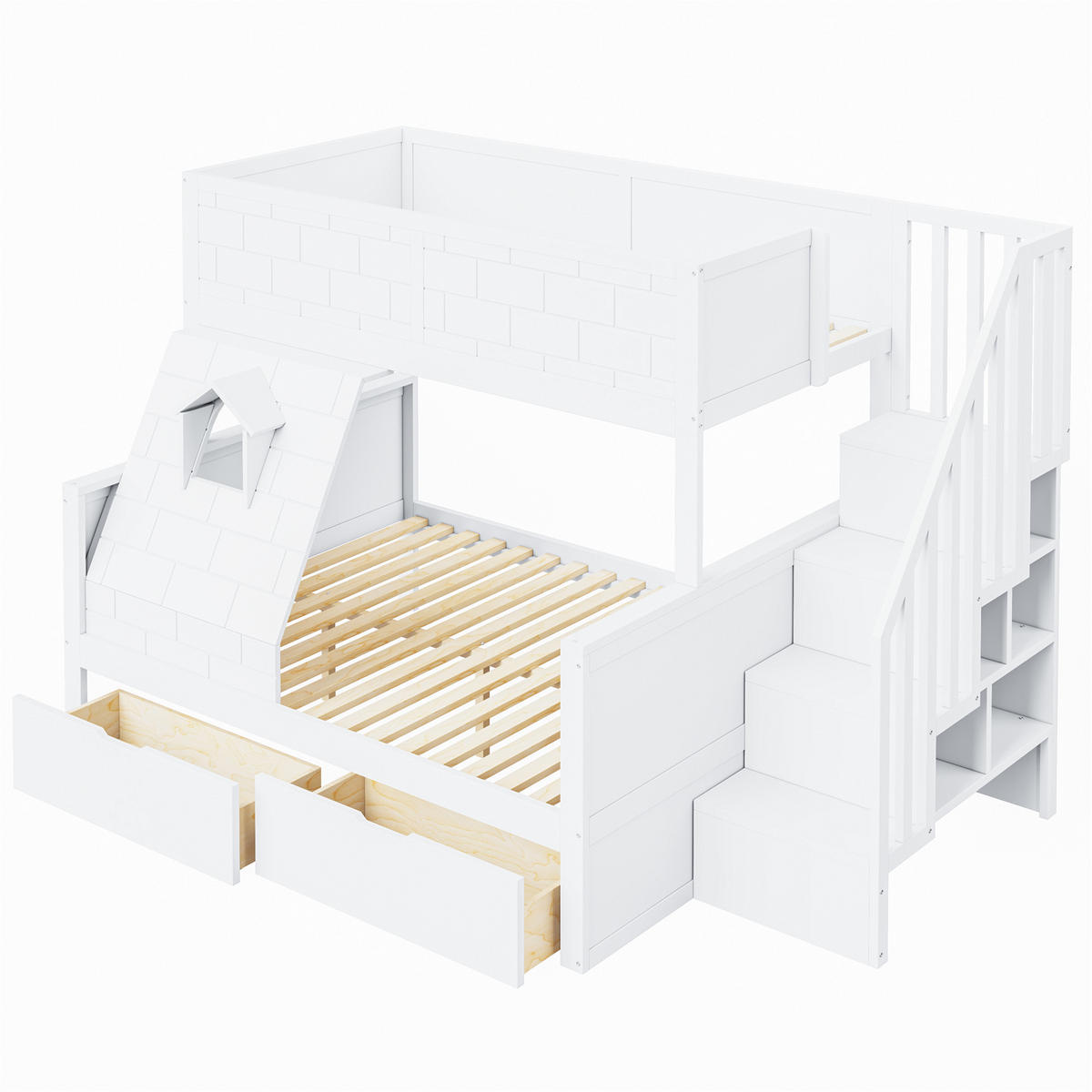 ETAGENBETT aus Kiefernholz 90x200/140x200 cm in Weiß mit Treppe & 2 Schubladen - Weiß, Holz (90/200cm) - Modfu