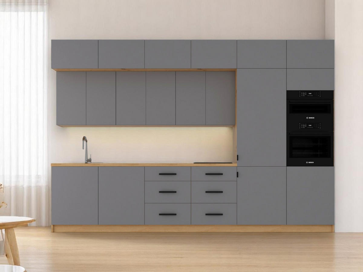 KÜCHENZEILE 360 cm - Langen K72-M360 R in Beige/Matt - Beige/Schwarz, Holz/Metall (360/248/58cm)