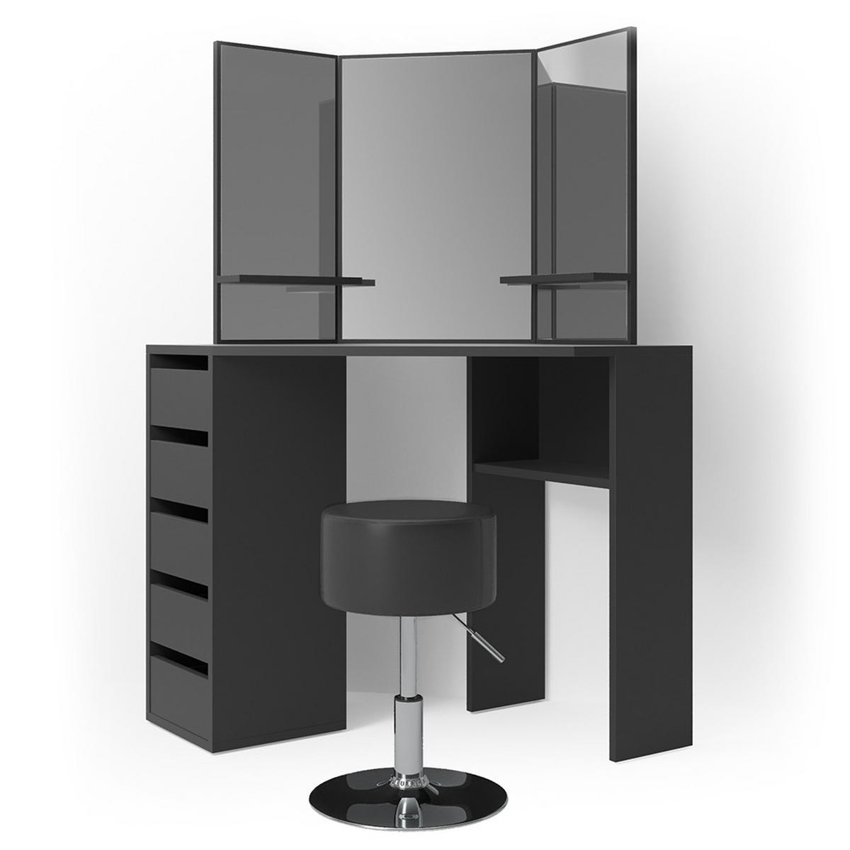 ECKSCHMINKTISCH Arielle Schwarz 110 cm mit Hocker - Schwarz, Holzwerkstoff (110/141.5/54cm) - Vicco