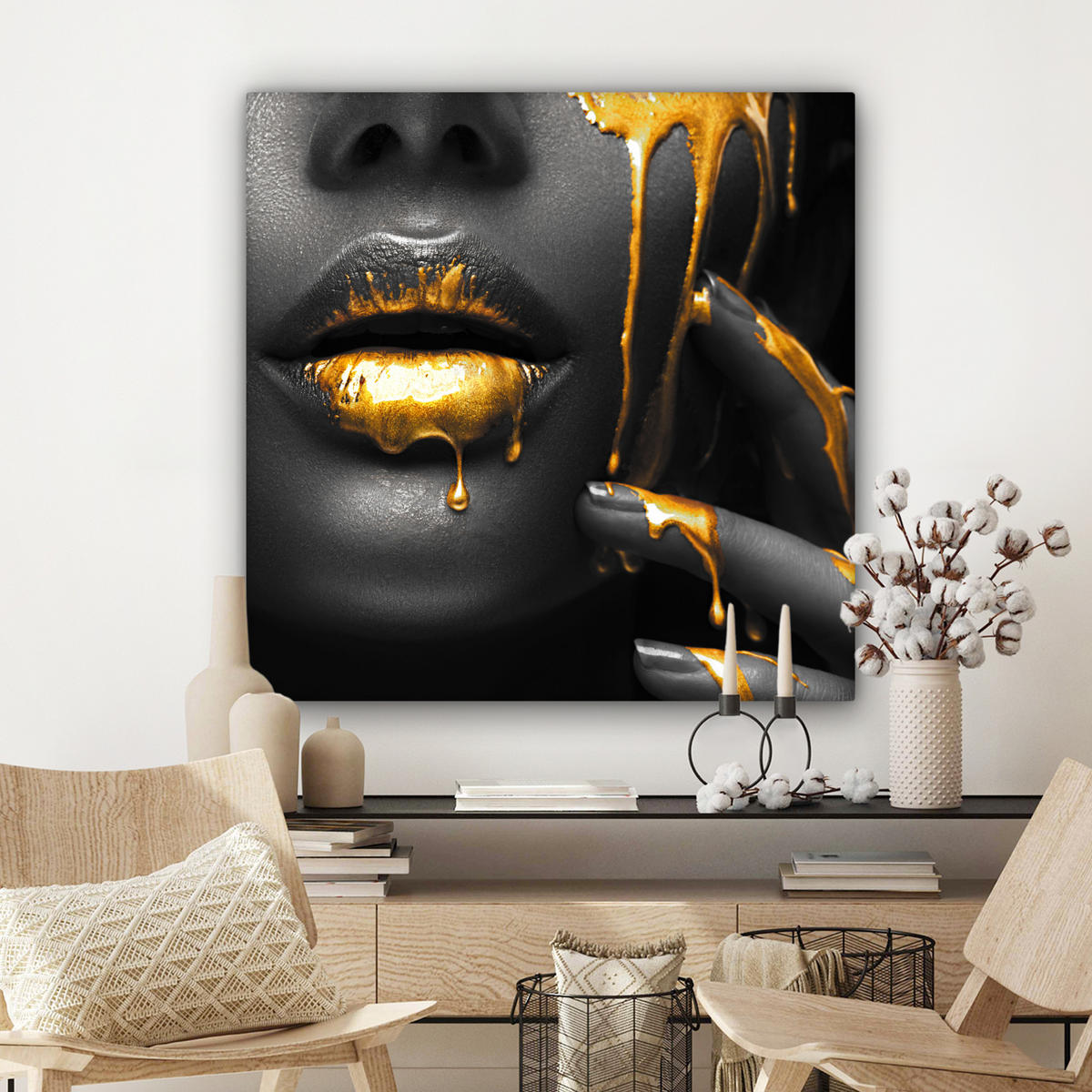 LEINWANDBILD Frau - Schwarz - Gold - Gesicht - Lippen Deko Groß 90x90 cm - Goldfarben, Textil (90/90cm) - MuchoWow