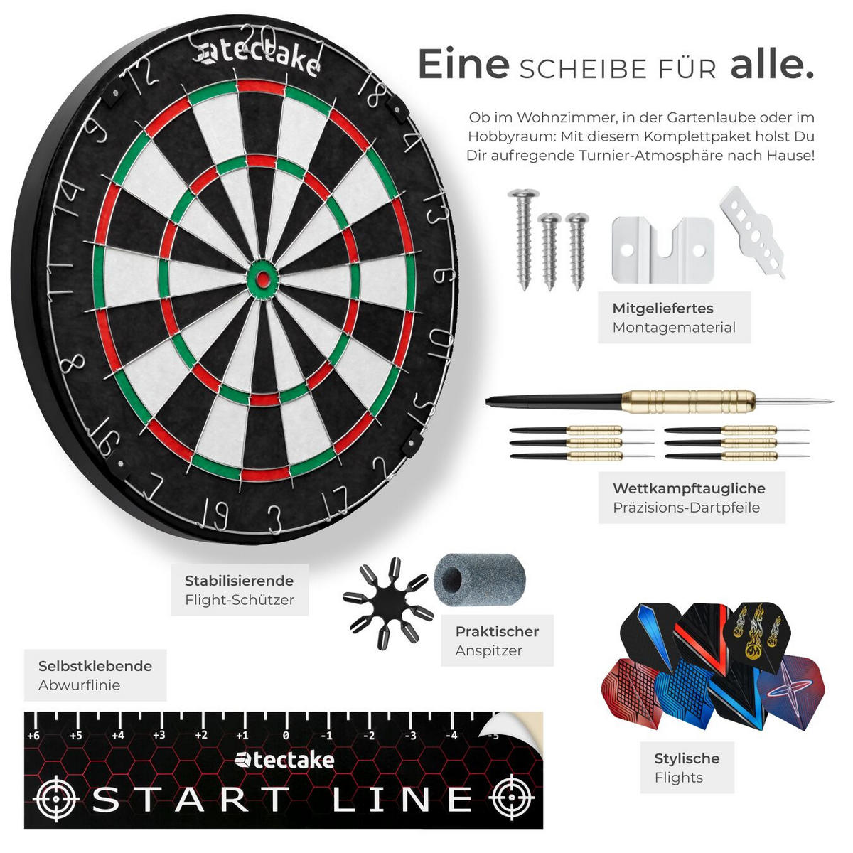 DARTSCHEIBE Bully,Zubehör aus Anspitzer, 16 Flight-Schützern und Startlinie,schwarz/weiß - Schwarz/Weiß, Naturmaterialen (45/45cm) - tectake