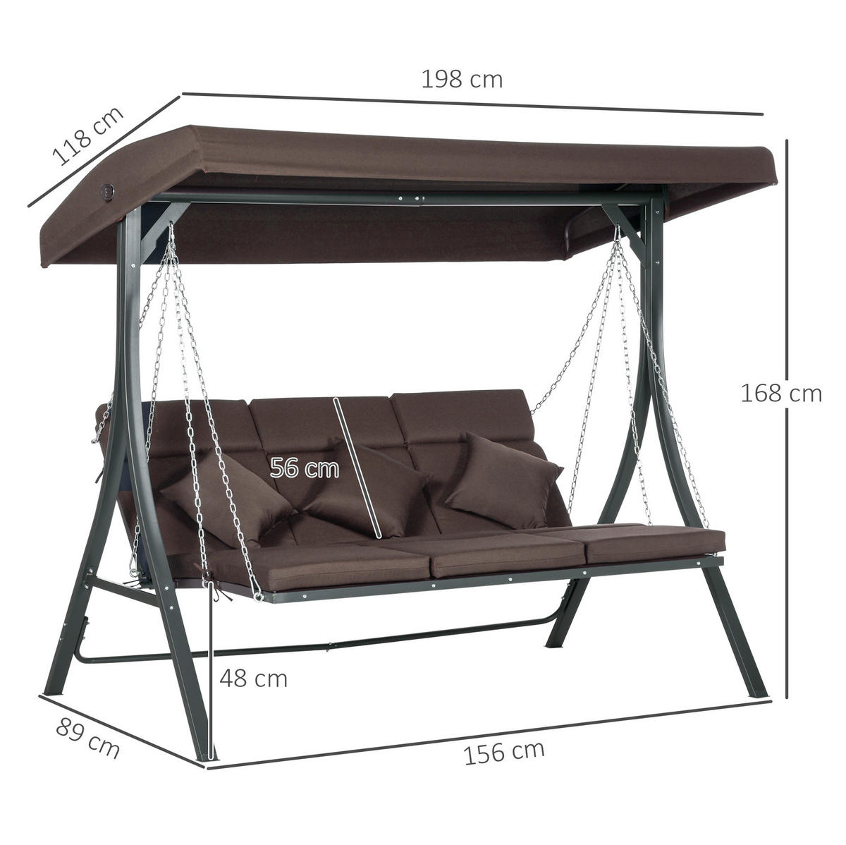 HOLLYWOODSCHAUKEL 198/118/168 cm braun aus Eisen mit verstellbarem Sonnendach und Kissen - Braun, Metall (118/168/198cm) - OKWISH