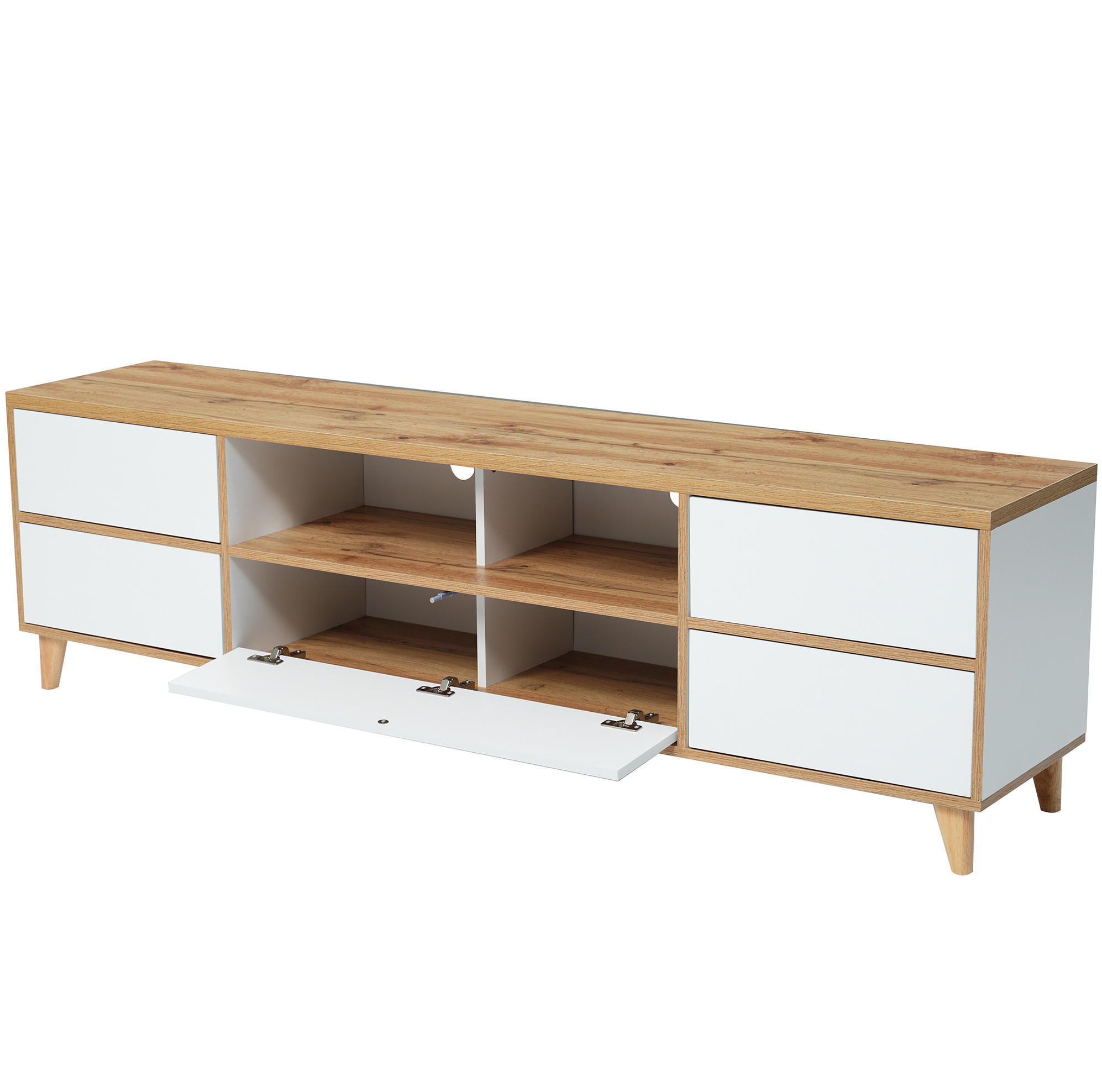 TV-LOWBOARD aus MDF 175x37x51 cm Weiß und Holzfarben mit 4 Türen, offenen Fächern und Holzfüßen - Naturfarben, Holzwerkstoff (175/51/37cm) - Modfu