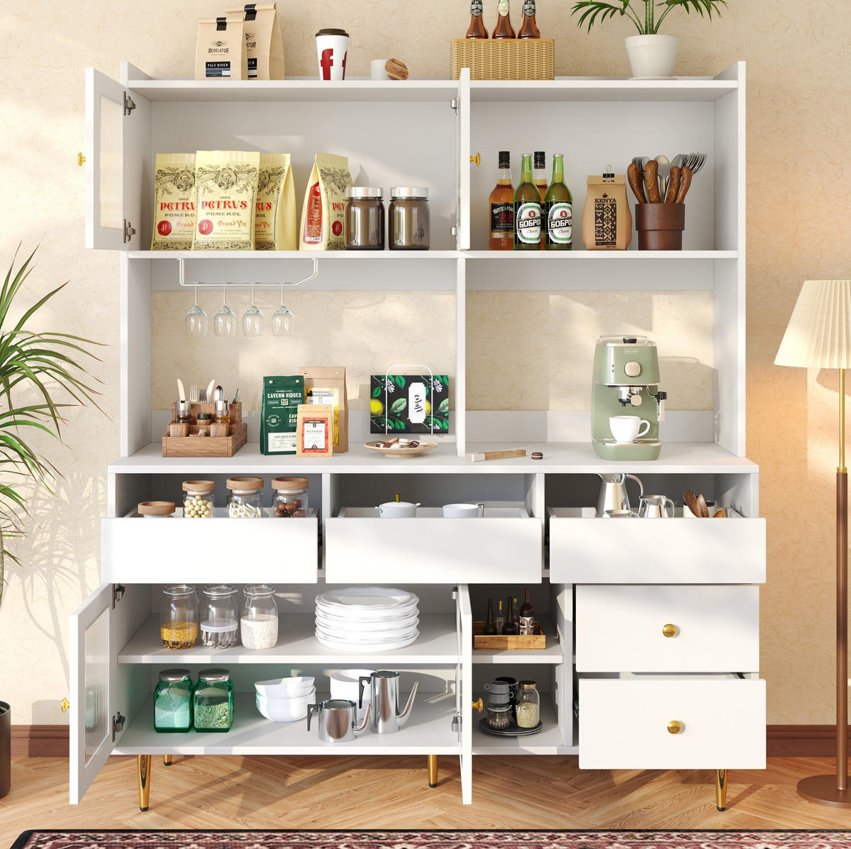SIDEBOARD 145/39/171 cm Weiß aus MDF mit Changhong-Glas und Weinregal - Weiß, Holzwerkstoff (39/171/145cm) - OKWISH