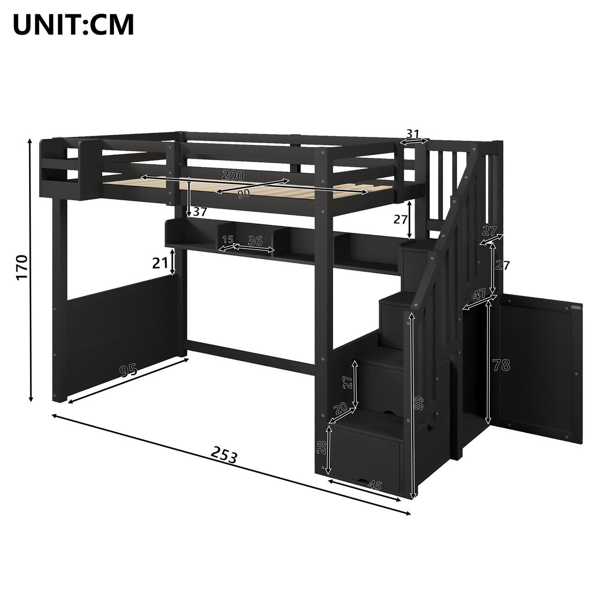 HOCHBETT 90/200 cm in Schwarz mit Stauraum, LED und Treppe - Schwarz, Metall (90/200cm) - STILVORA