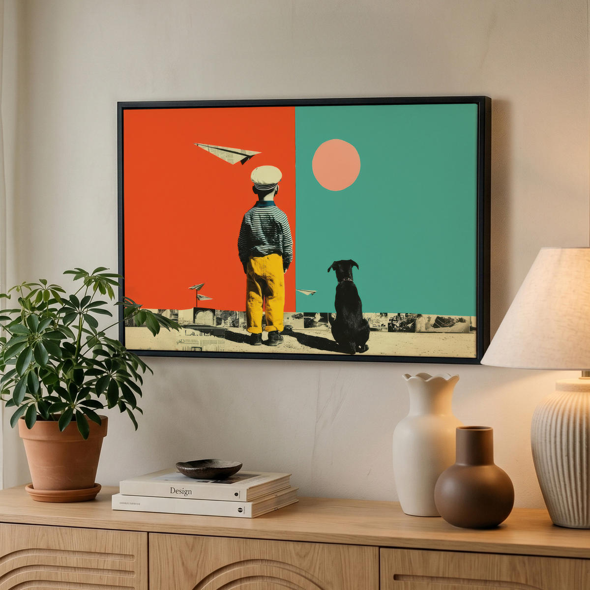 LEINWAND Bilder mit Rahmen - Retro - Junge - Hund - Rot - Grün - 60x40 - Orange, Textil (60/40cm) - MuchoWow