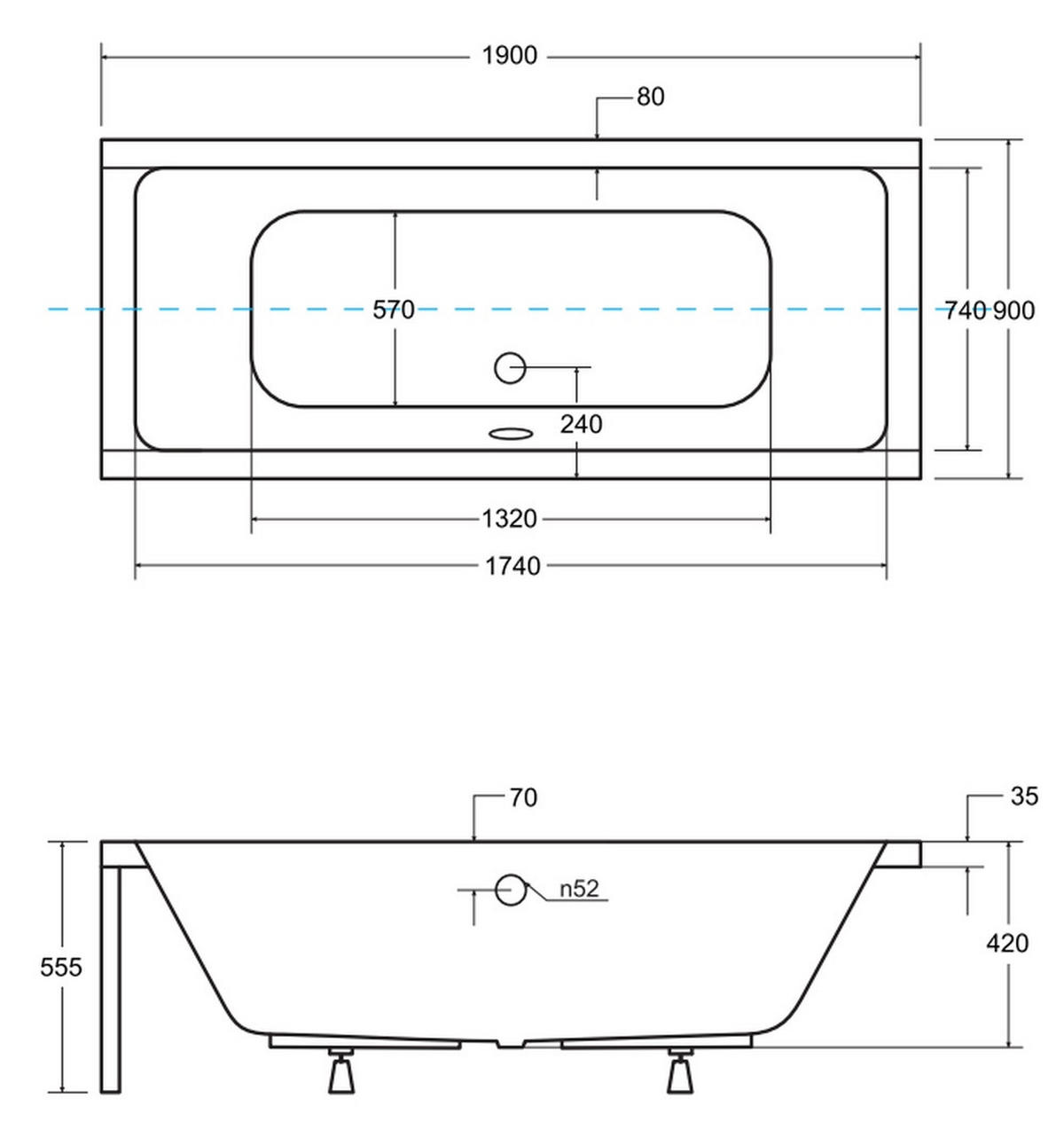 BADEWANNE Rechteck QUADRO 190/90 Ablauf & Füße - Weiß, Kunststoff (90/55.5/190cm) - bad land