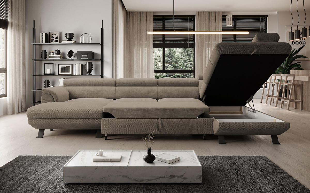 ECKSCHLAFSOFA Raven XL, Verstellbaren Kopfstützen, Bettkasten, Großes Sofa 334x198x162cm Rechte, Beige - Beige, Holz/Textil (334/198cm) - DomoHome