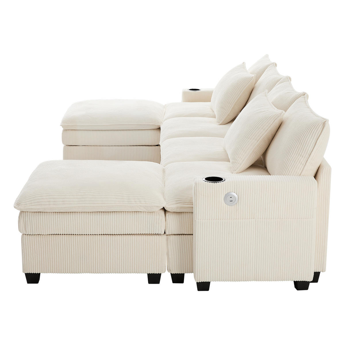 ECKSOFA Modulares 5-6-Sitzer mit Fußhocker und USB-Anschlüssen Cord Beige 280/151/82 cm - Beige, Textil (280/152cm) - OKWISH