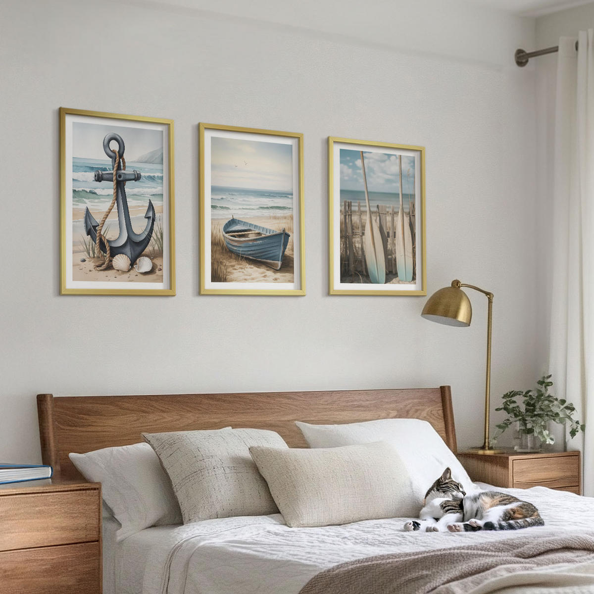 BILDER SET 3er Set - 40x60 cm Goldrahmen - Anker, Boot, Ruder, Strand - Goldfarben, Kunststoff (40/60cm) - TULUP