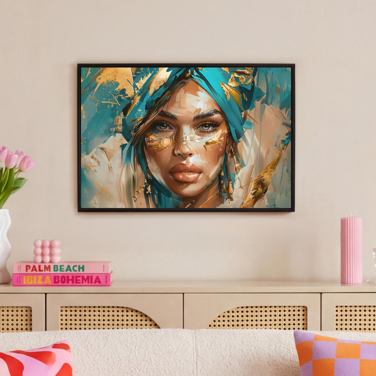 LEINWAND Bilder mit Rahmen - Frau - Porträt - Gold - Luxus - Blau - 60x40 - Türkis, Textil (60/40cm) - MuchoWow