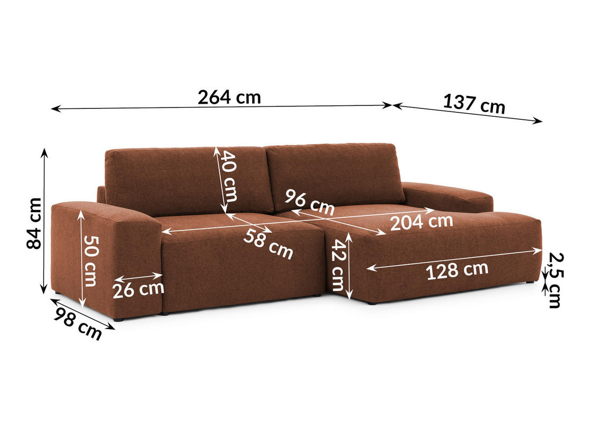 ECKSOFA Lennon aus Braun Strukturstoff mit Schlaffunktion und Bettkasten - Schwarz/Braun, Holz/Kunststoff (264/137cm) - S-Style