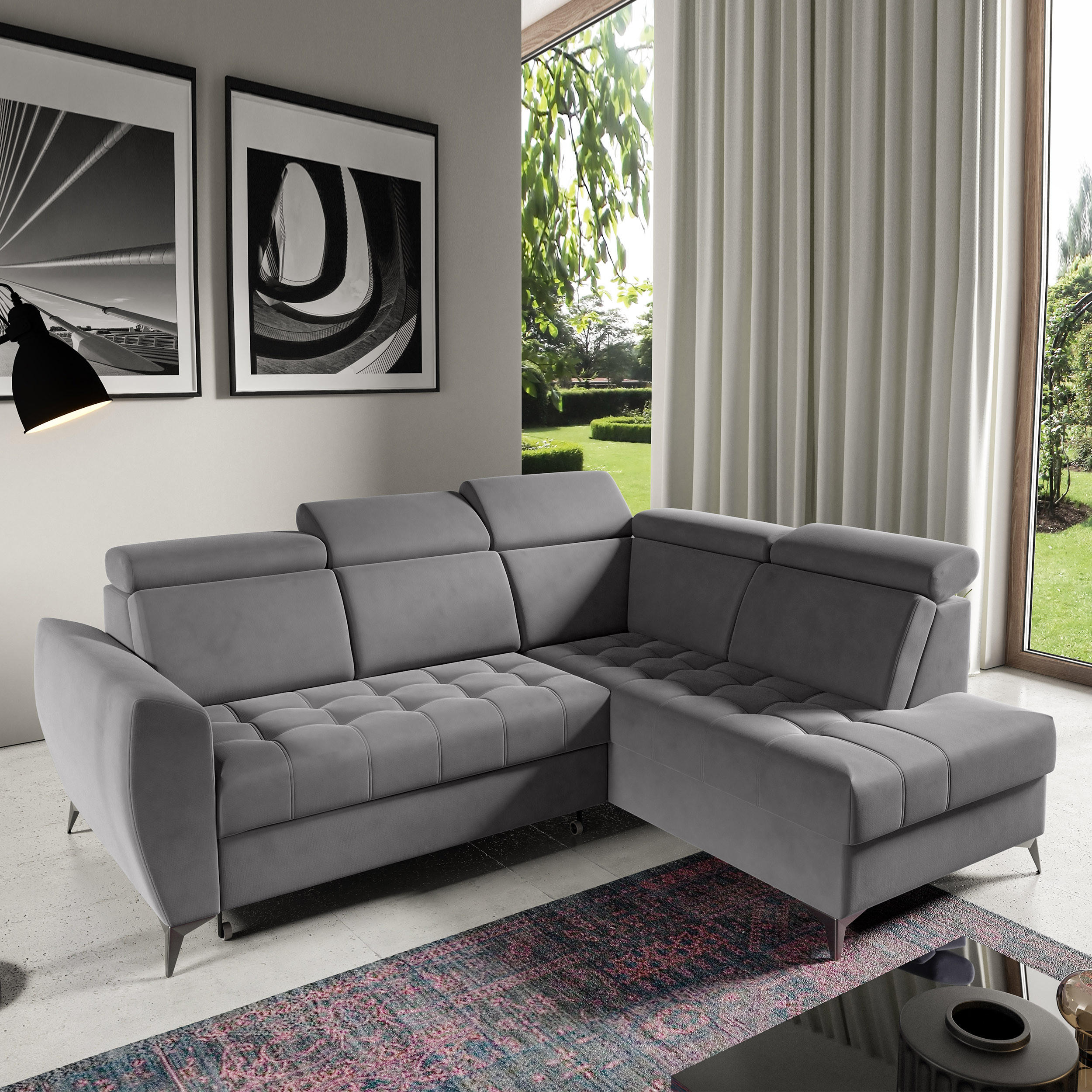 ECKSCHLAFSOFA Aurora II mit verstellbare Kopfstützen, Grau, rechts - Schwarz/Grau, Textil (266/204cm) - Beautysofa