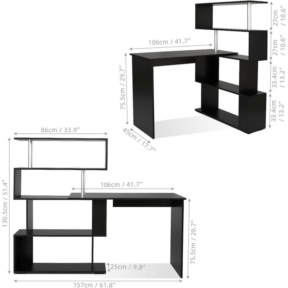 COMPUTERTISCH L-förmig mit drehbarem Bücherregal Schwarz 157 x 45 x 130,5 cm - Schwarz, Holzwerkstoff (45/157/130.5cm)