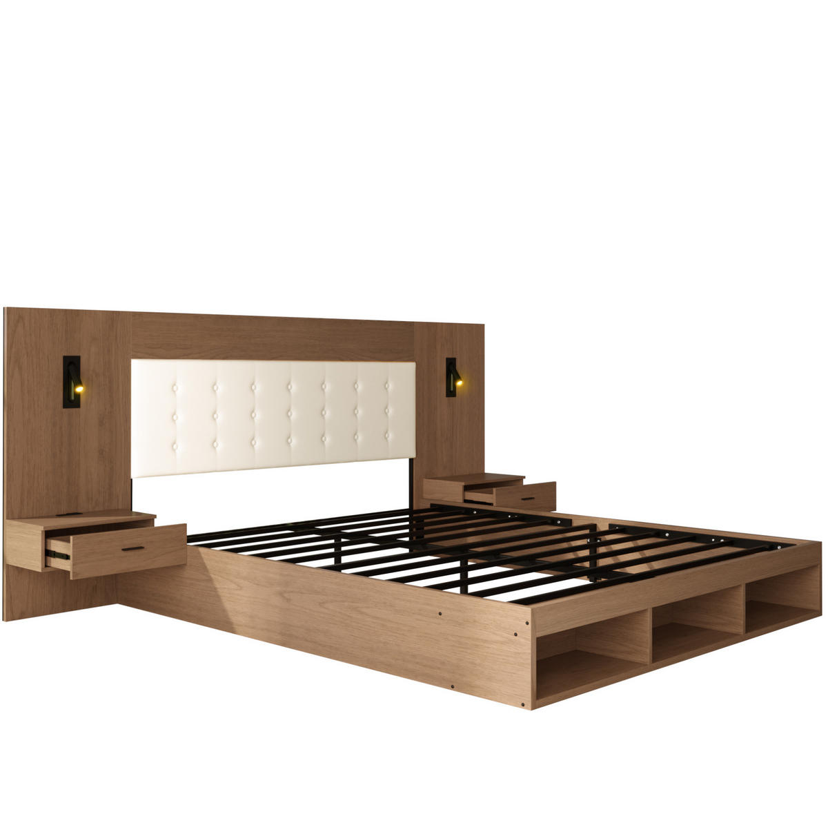 DVOJLÔŽKOVÁ posteľ z MDF 180x200 cm orechová s USB a Type-C nabíjaním, lampičkou a úložným priestorom - farba orecha, kompozitné drevo (180/200cm) - Modfu
