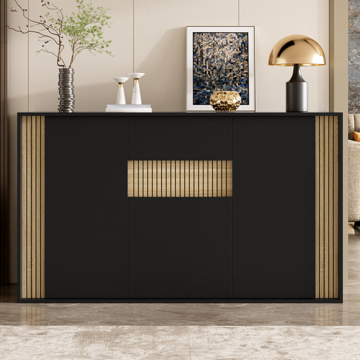 SIDEBOARD 140x40x82cm Schwarz mit LED und 3 Türen - Schwarz/Naturfarben, Holzwerkstoff (140/82/40cm) - FLIEKS