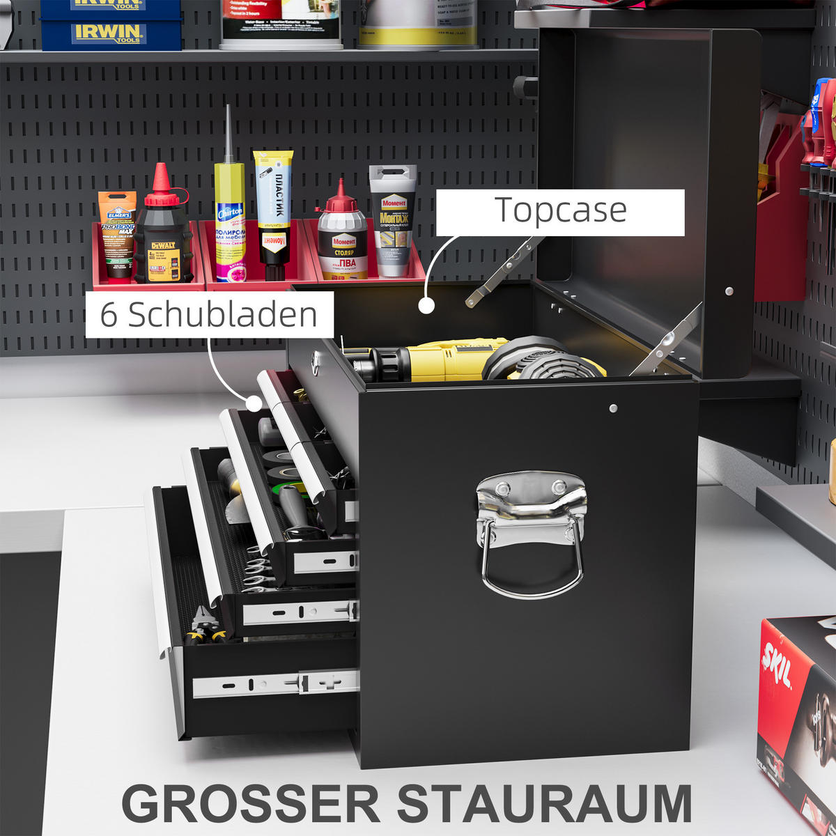 WERKZEUGKASTEN, Werkzeugkoffer ohne Werkzeug, mit 6 Schubladen, Schloss - Schwarz, Metall (26/34/60cm) - HOMCOM